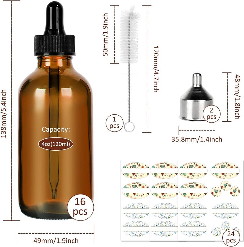 CycleMore 16 Pack (120 ml) 4 oz Amber Glass Boston Bottles with Glass Eye Droppers, Dropper Bottles for Essential Oils & Lab Chemicals & More Liquids Ideal for Mom & Friends - Image 2